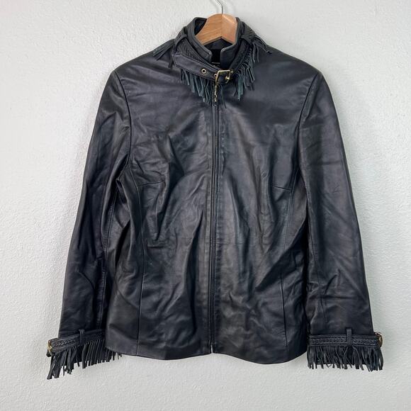 St. John Sport By Marie Gray SZ 6 Black Leather Jacket Removable Fringe Collar - Picture 2 of 16